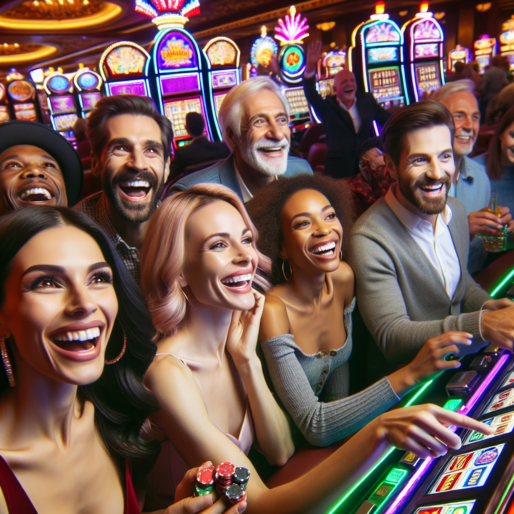 A vibrant social casino scene with players enjoying slot games